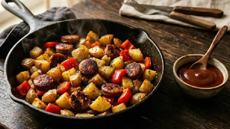 Heiß dampfende Bratwurst Kartoffel Pfanne mit Paprika, serviert in einer Gusseisenpfanne mit einer kleinen Schale Sauce.